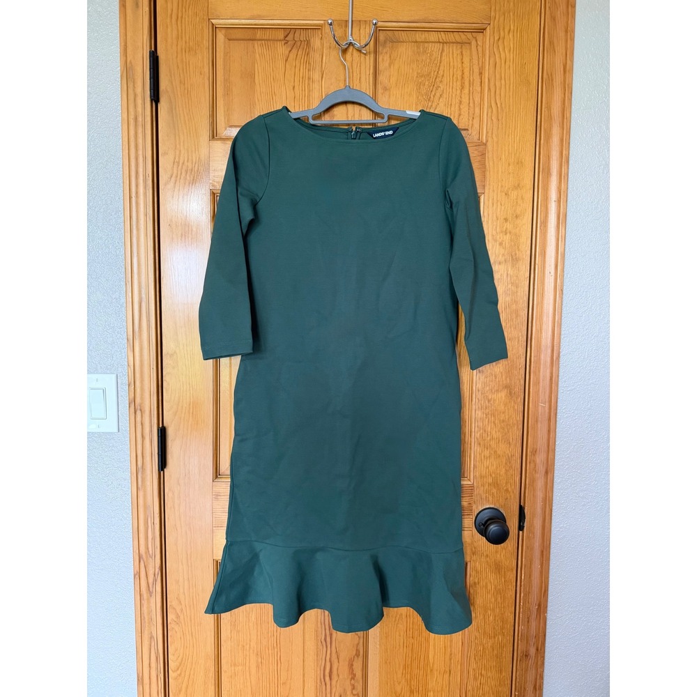 Lands End Womens 8T Tall Forest Green Ponte Knit Ruffle Hem Dress with Pockets